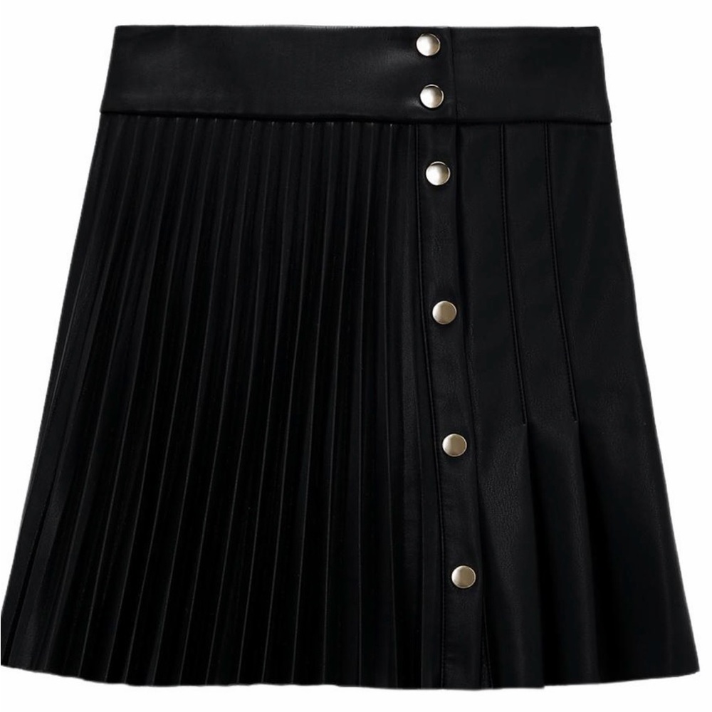 Zara Black Pleated Leather Skirt with Button Detail